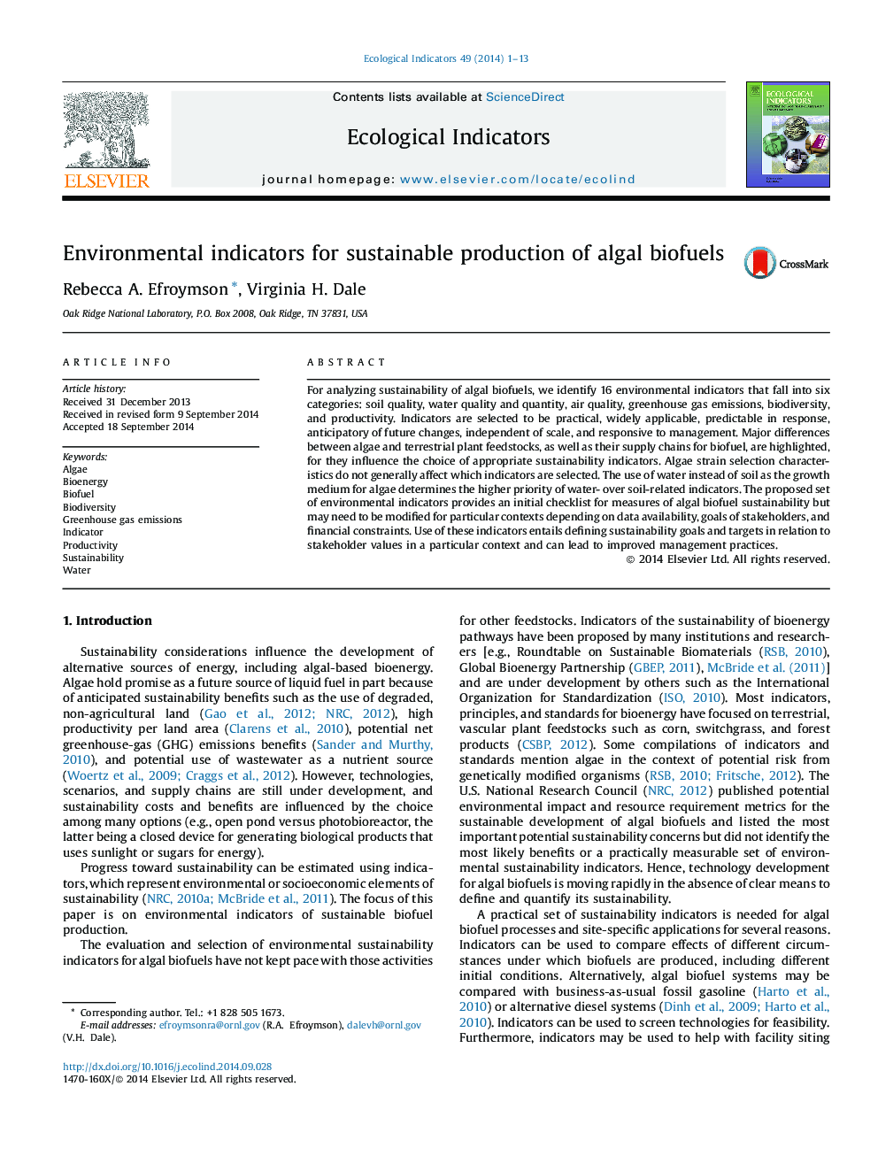 Environmental indicators for sustainable production of algal biofuels