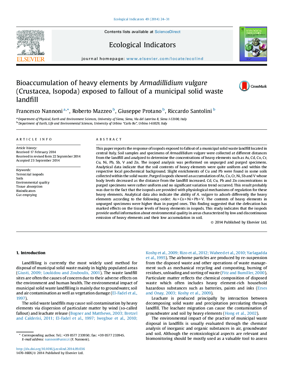 Bioaccumulation of heavy elements by Armadillidium vulgare (Crustacea, Isopoda) exposed to fallout of a municipal solid waste landfill