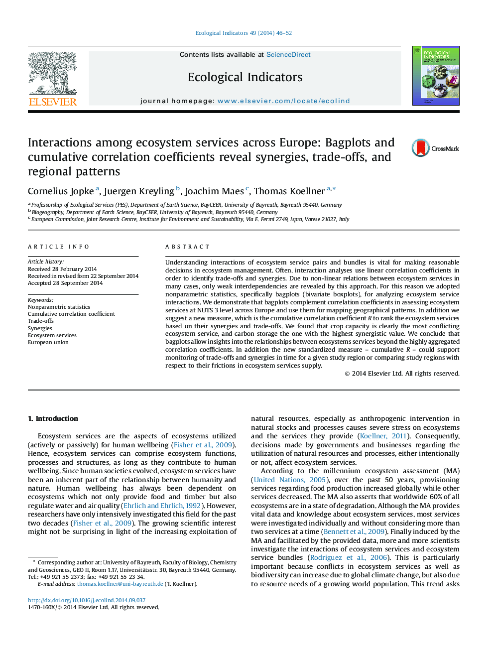 Interactions among ecosystem services across Europe: Bagplots and cumulative correlation coefficients reveal synergies, trade-offs, and regional patterns