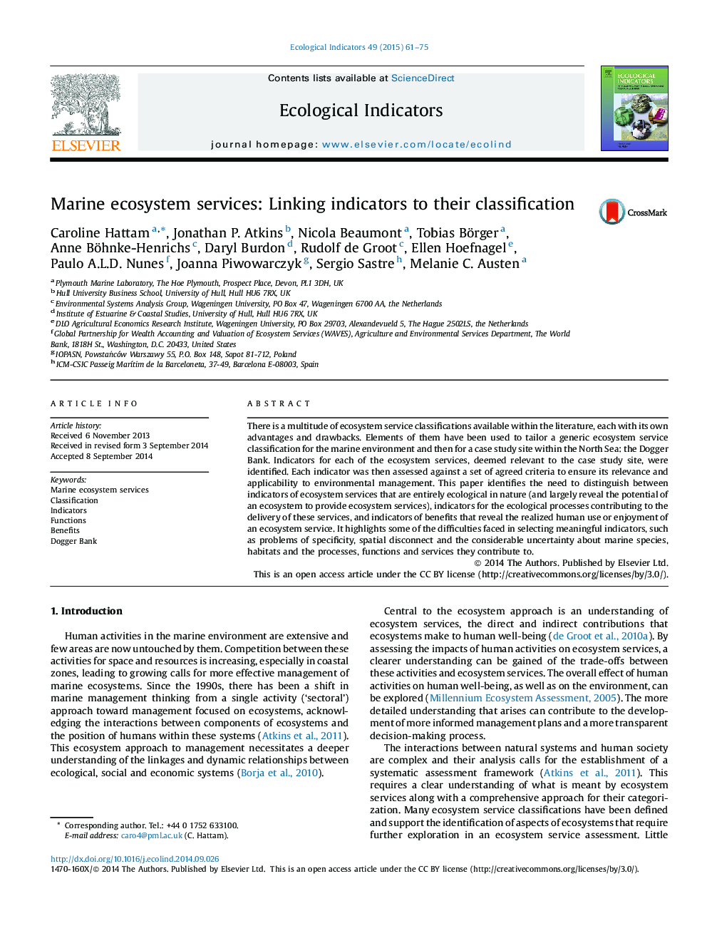 Marine ecosystem services: Linking indicators to their classification