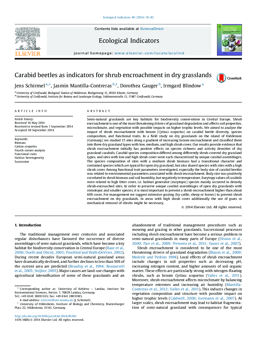 Carabid beetles as indicators for shrub encroachment in dry grasslands