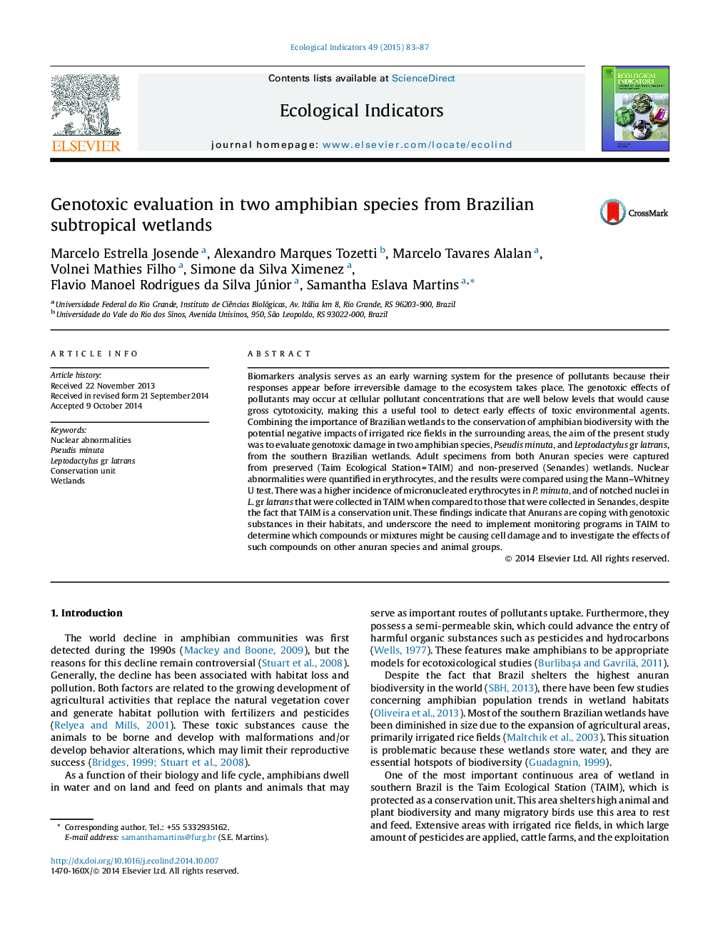 Genotoxic evaluation in two amphibian species from Brazilian subtropical wetlands