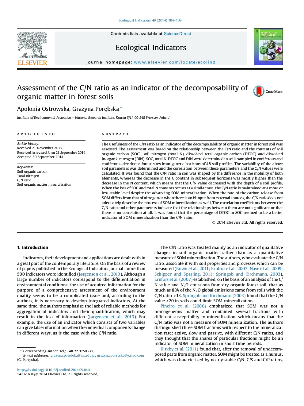 Assessment of the C/N ratio as an indicator of the decomposability of organic matter in forest soils