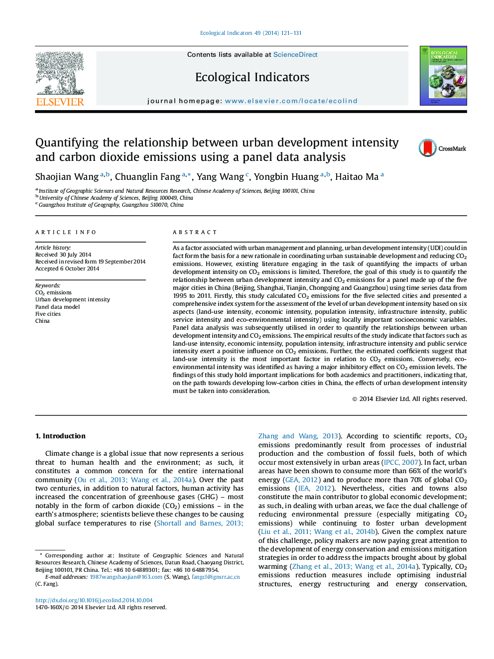 Quantifying the relationship between urban development intensity and carbon dioxide emissions using a panel data analysis