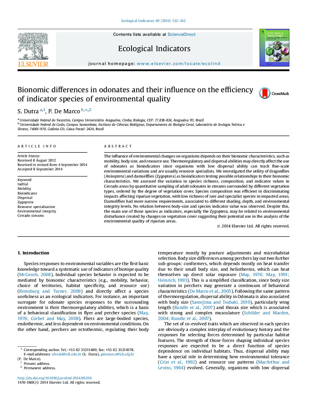 Bionomic differences in odonates and their influence on the efficiency of indicator species of environmental quality