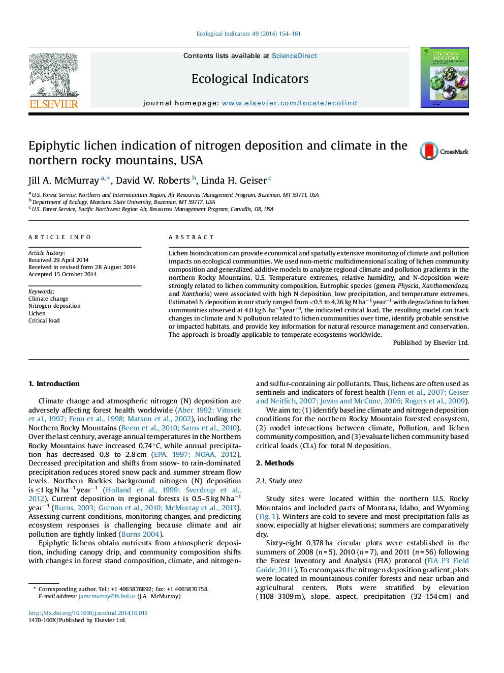 Epiphytic lichen indication of nitrogen deposition and climate in the northern rocky mountains, USA