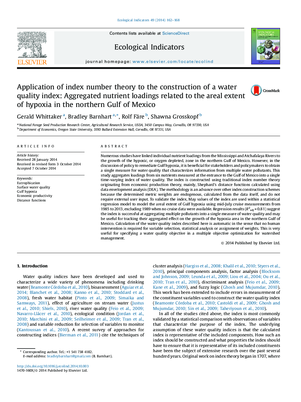 Application of index number theory to the construction of a water quality index: Aggregated nutrient loadings related to the areal extent of hypoxia in the northern Gulf of Mexico