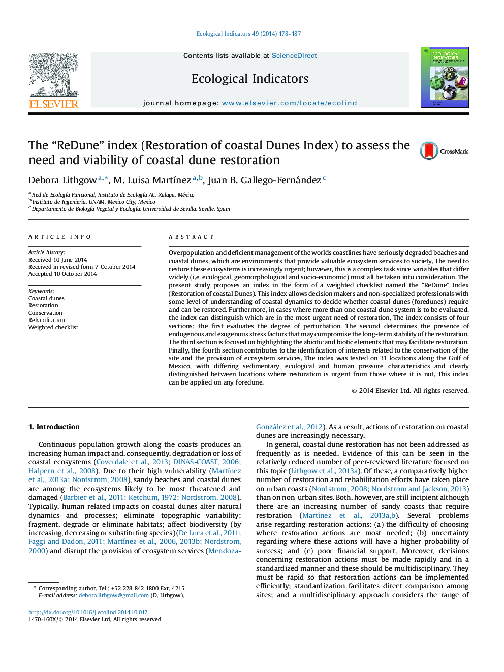 The “ReDune” index (Restoration of coastal Dunes Index) to assess the need and viability of coastal dune restoration