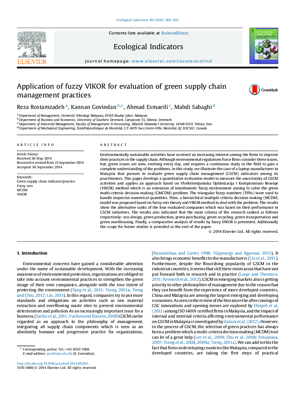 Application of fuzzy VIKOR for evaluation of green supply chain management practices