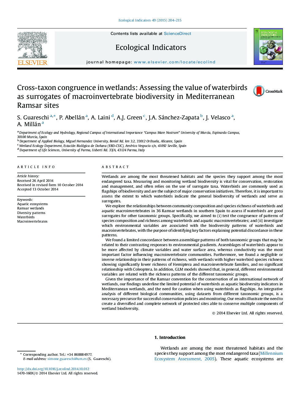 Â­Â­Cross-taxon congruence in wetlands: Assessing the value of waterbirds as surrogates of macroinvertebrate biodiversity in Mediterranean Ramsar sites