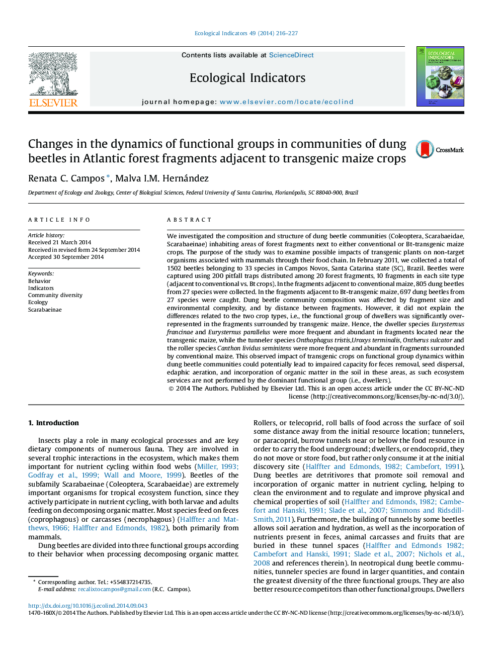 Changes in the dynamics of functional groups in communities of dung beetles in Atlantic forest fragments adjacent to transgenic maize crops