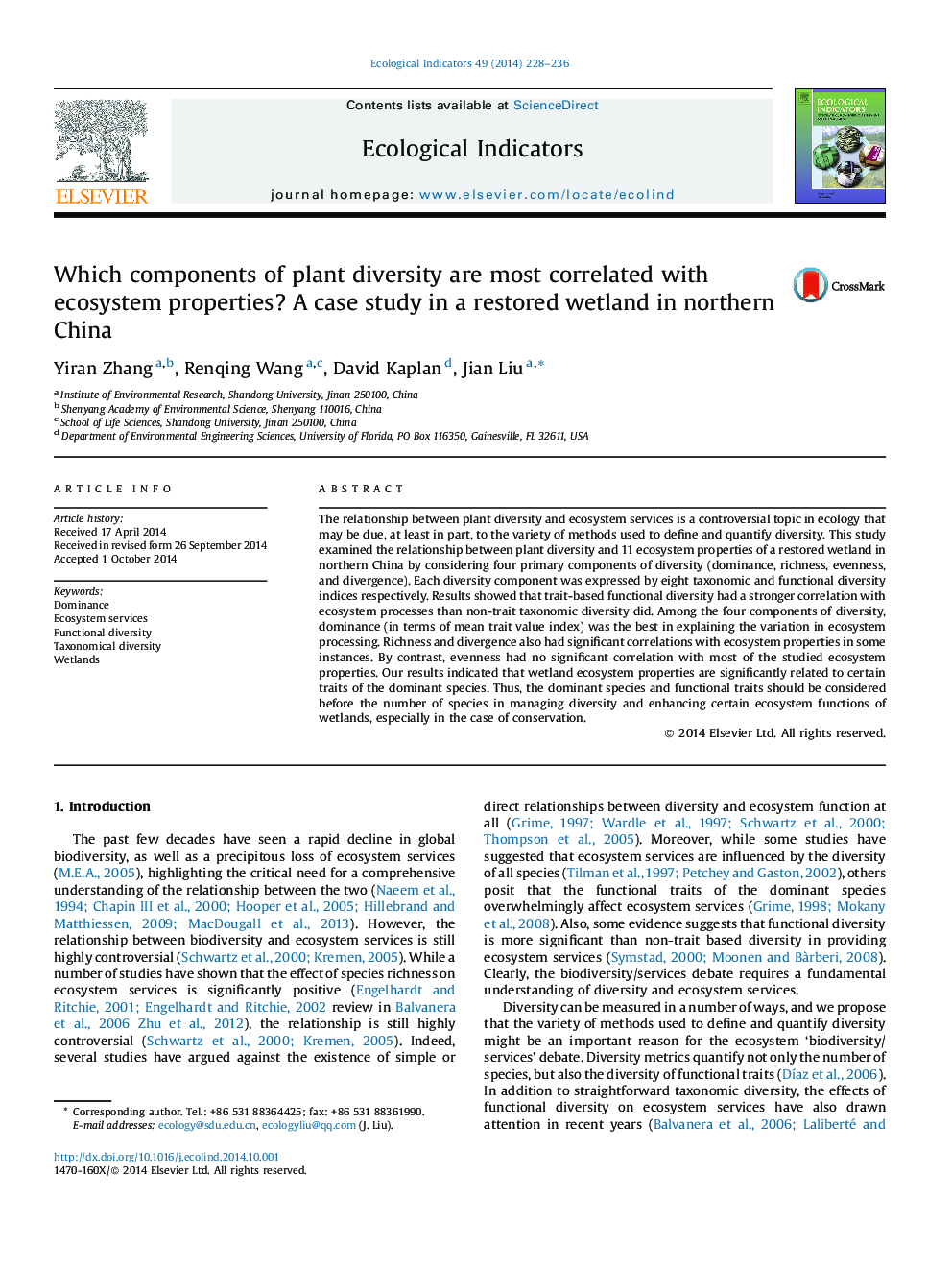 Which components of plant diversity are most correlated with ecosystem properties? A case study in a restored wetland in northern China