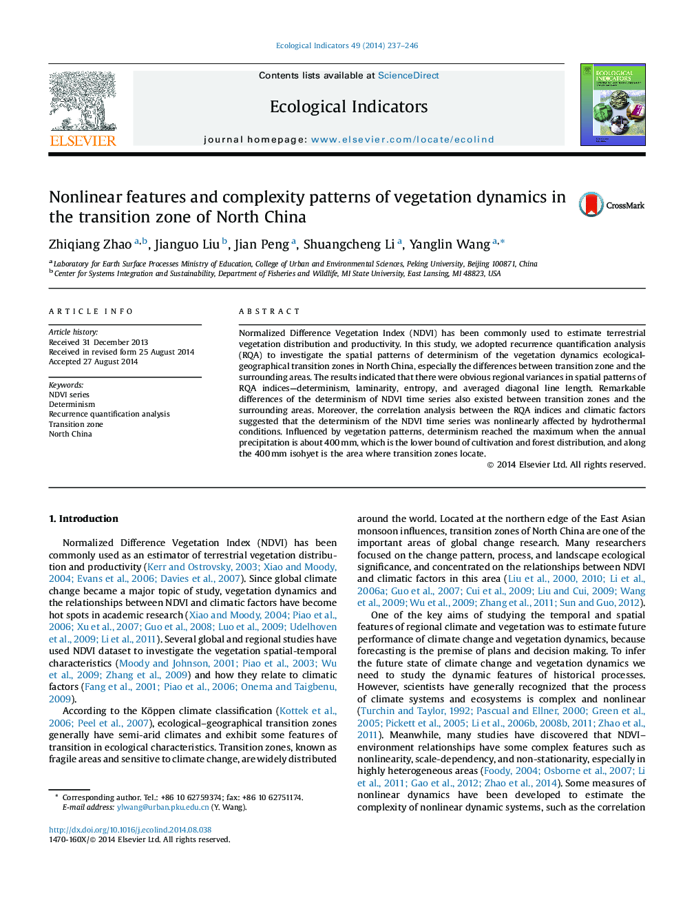 Nonlinear features and complexity patterns of vegetation dynamics in the transition zone of North China