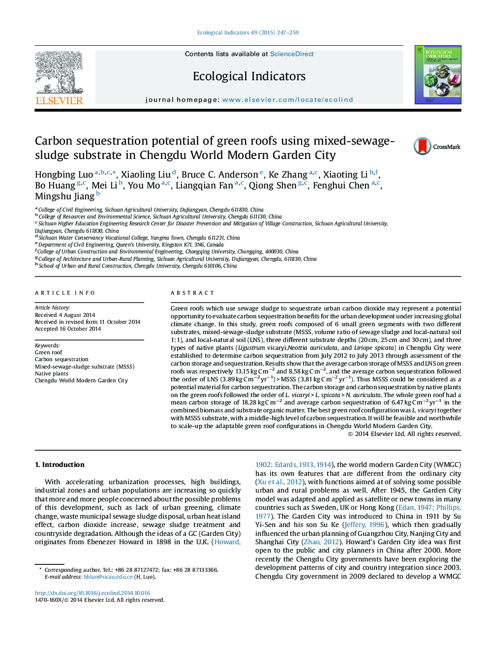 Carbon sequestration potential of green roofs using mixed-sewage-sludge substrate in Chengdu World Modern Garden City