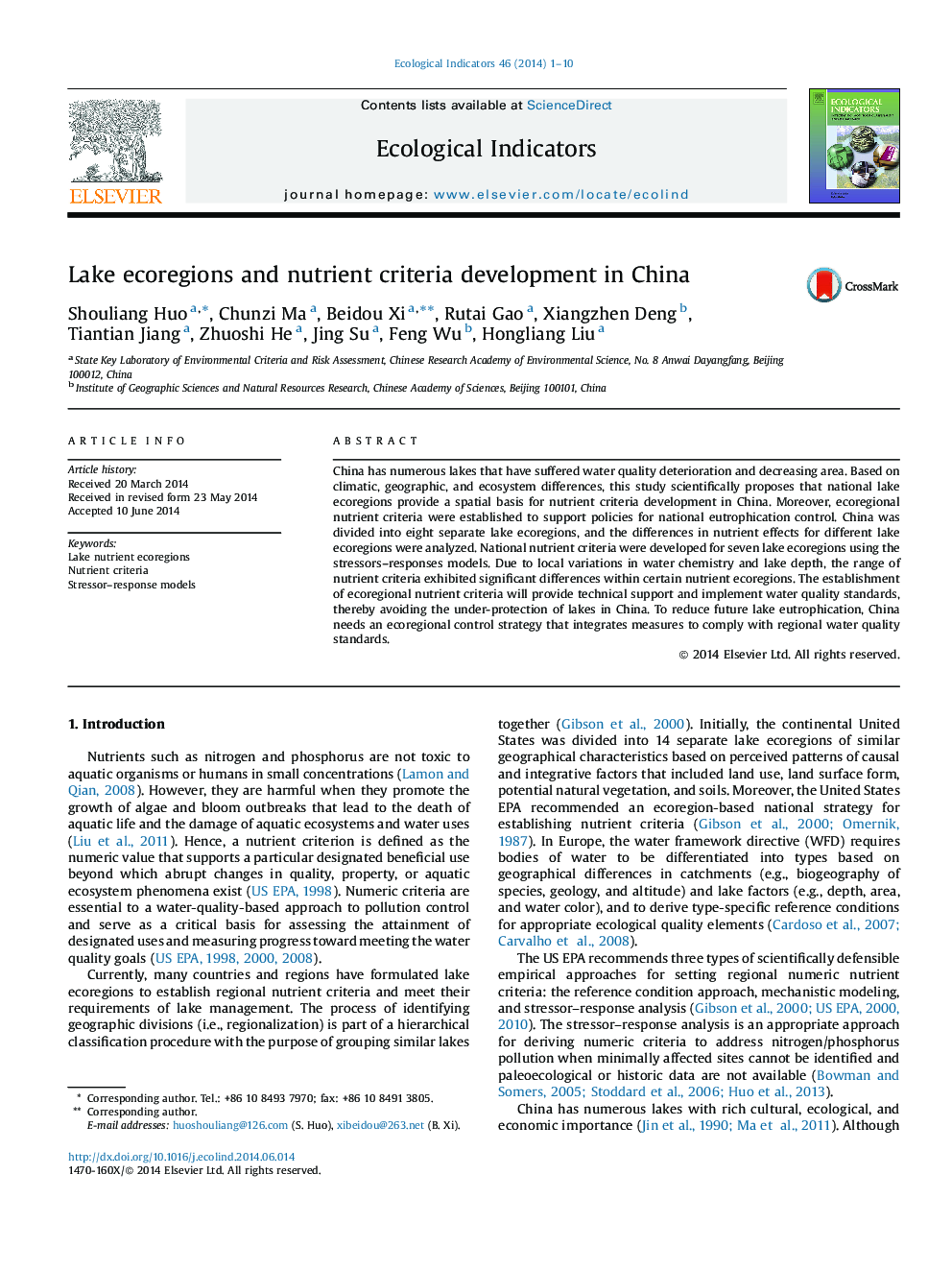 Lake ecoregions and nutrient criteria development in China