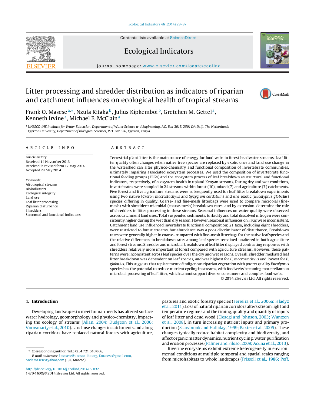 Litter processing and shredder distribution as indicators of riparian and catchment influences on ecological health of tropical streams