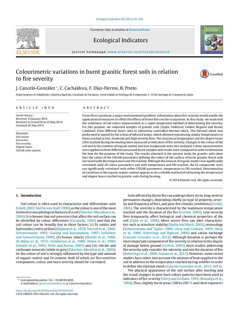 Colourimetric variations in burnt granitic forest soils in relation to fire severity