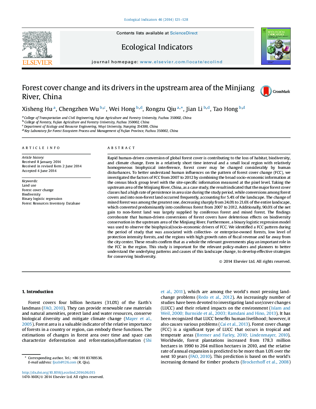 Forest cover change and its drivers in the upstream area of the Minjiang River, China