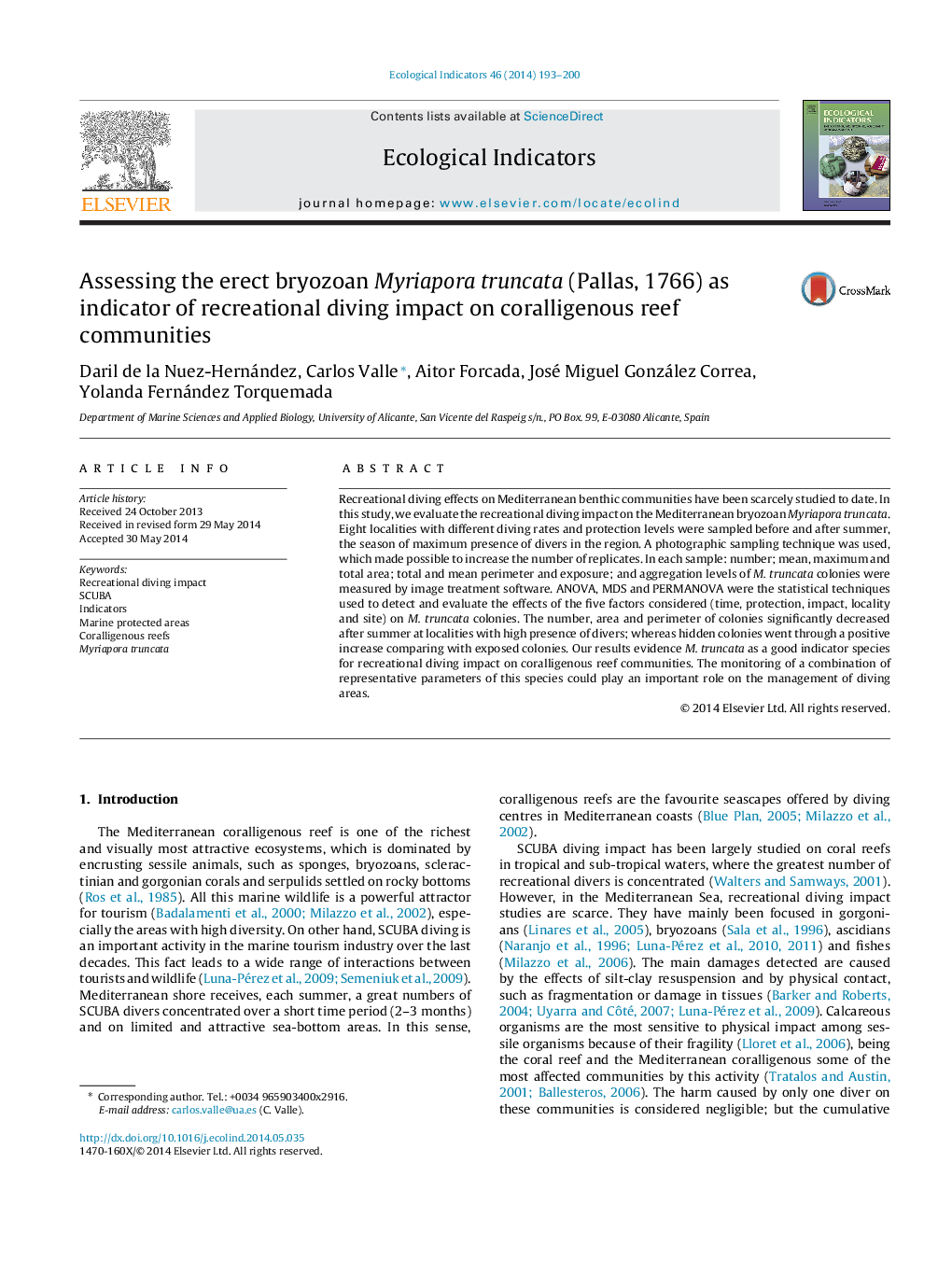 Assessing the erect bryozoan Myriapora truncata (Pallas, 1766) as indicator of recreational diving impact on coralligenous reef communities