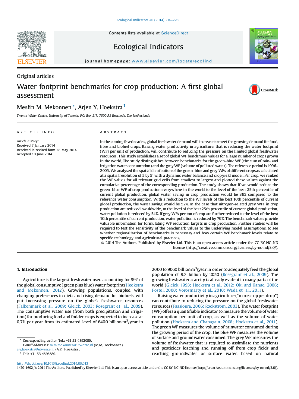 Water footprint benchmarks for crop production: A first global assessment