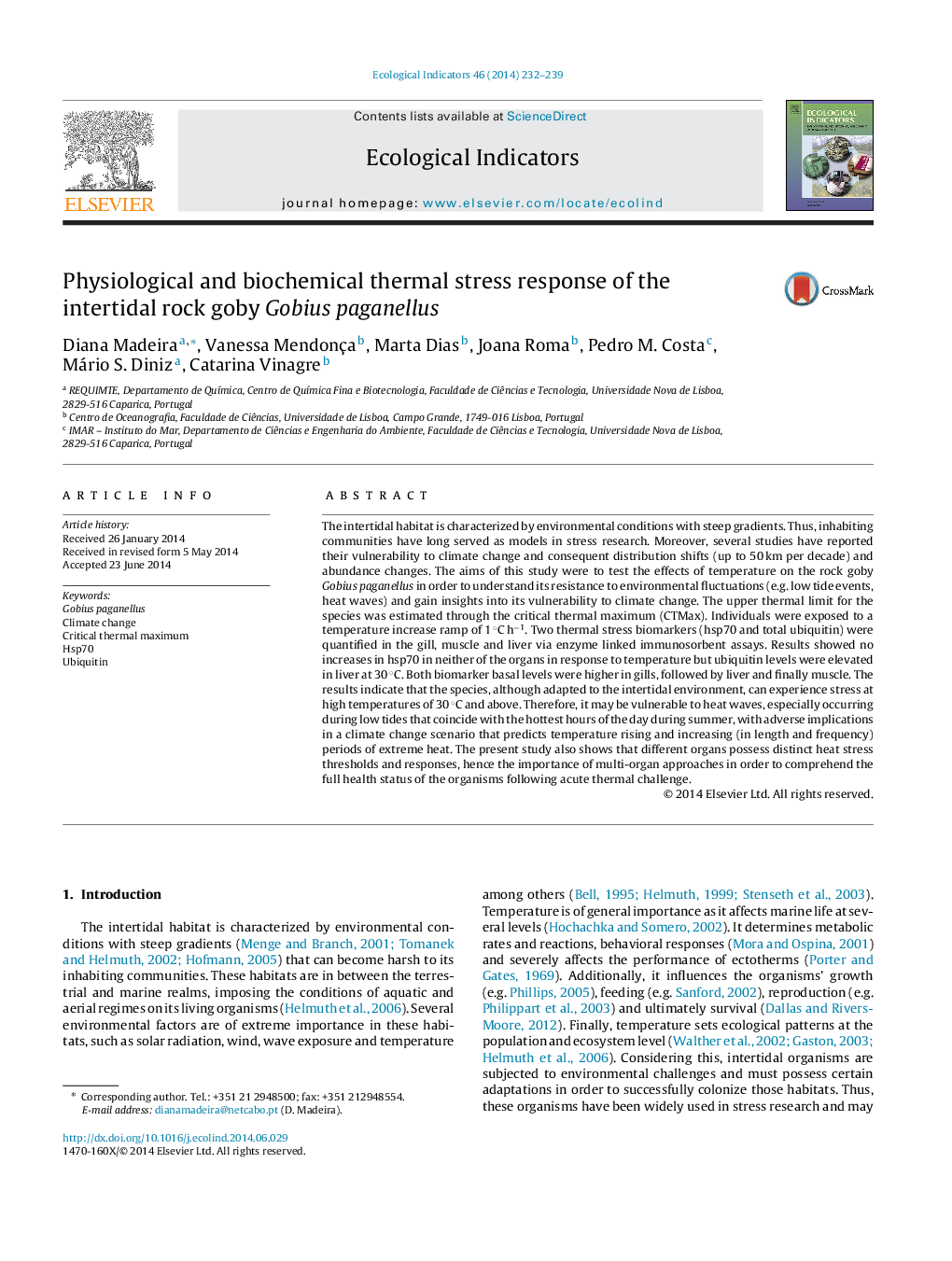 Physiological and biochemical thermal stress response of the intertidal rock goby Gobius paganellus