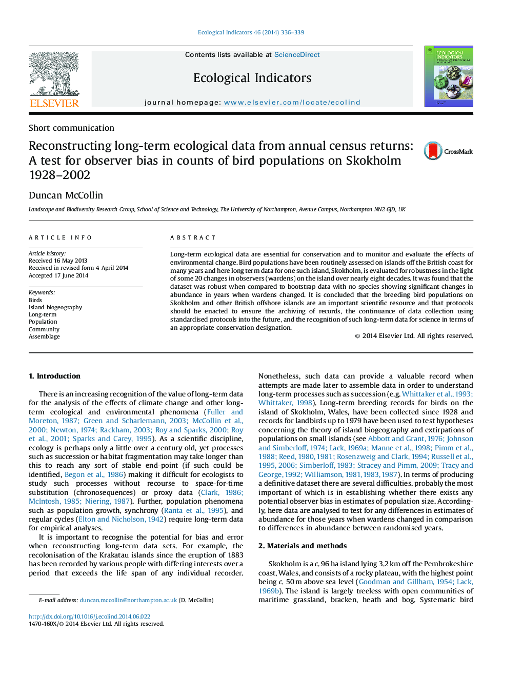 Reconstructing long-term ecological data from annual census returns: A test for observer bias in counts of bird populations on Skokholm 1928-2002