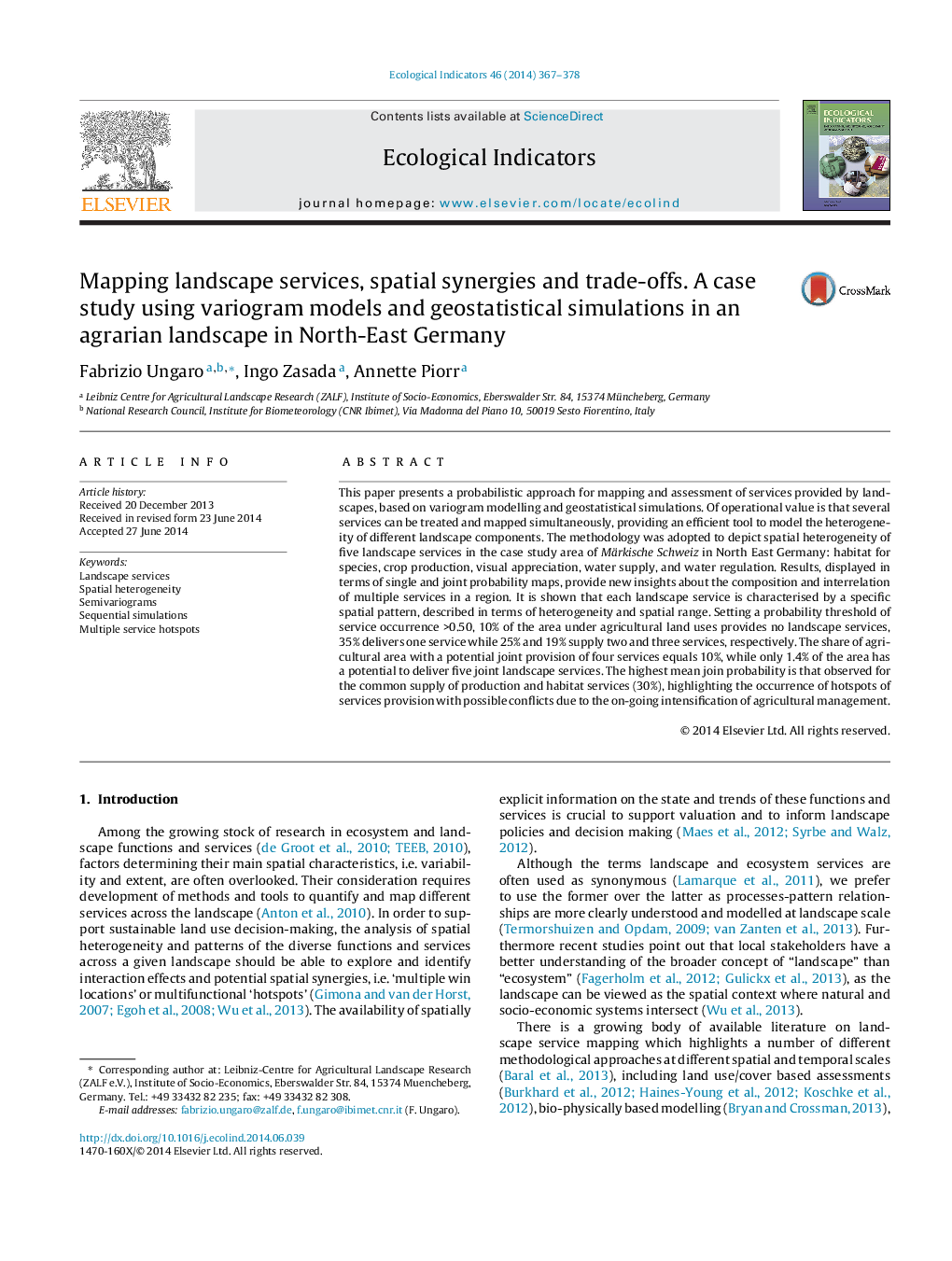 Mapping landscape services, spatial synergies and trade-offs. A case study using variogram models and geostatistical simulations in an agrarian landscape in North-East Germany