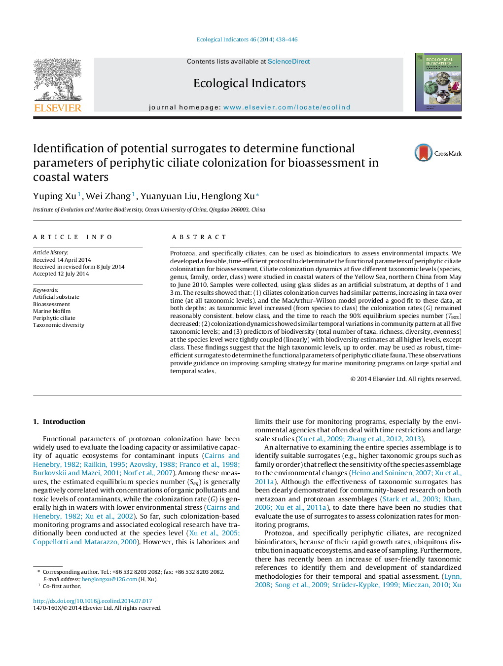 Identification of potential surrogates to determine functional parameters of periphytic ciliate colonization for bioassessment in coastal waters