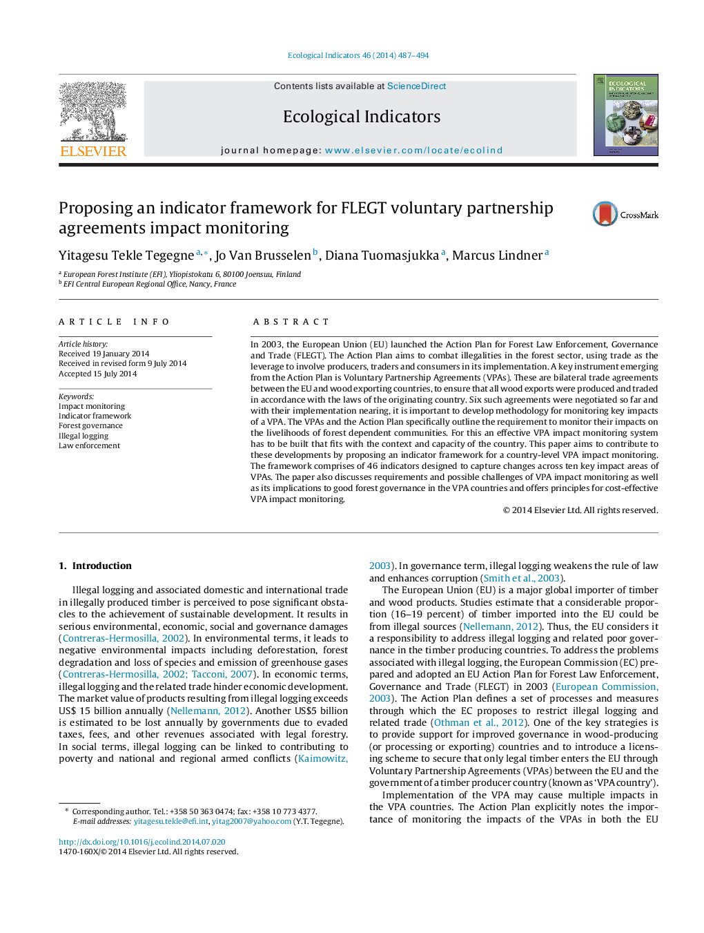 Proposing an indicator framework for FLEGT voluntary partnership agreements impact monitoring