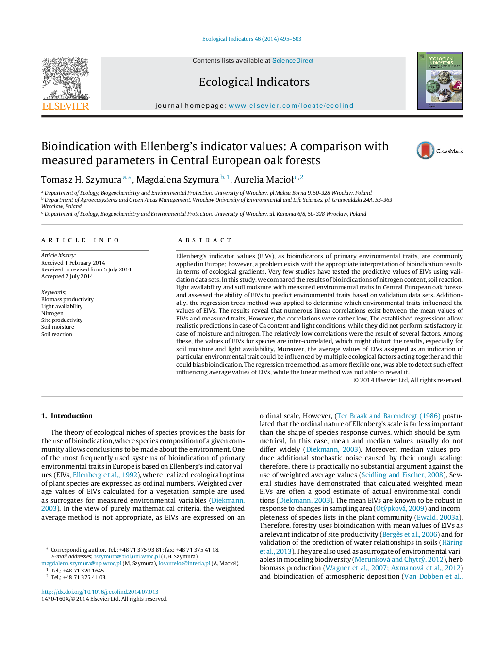 Bioindication with Ellenberg's indicator values: A comparison with measured parameters in Central European oak forests