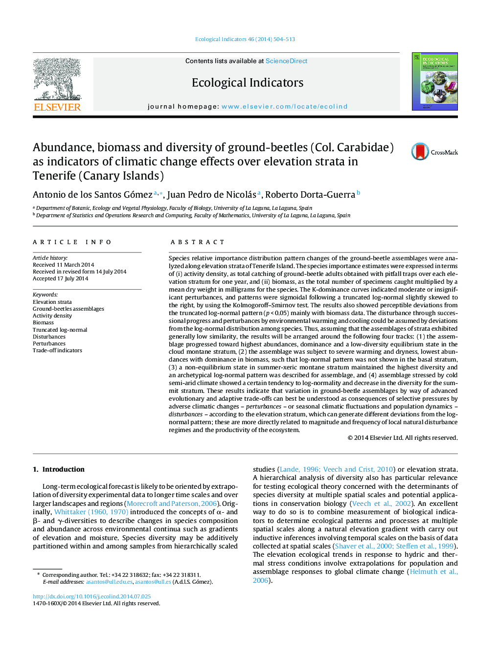 Abundance, biomass and diversity of ground-beetles (Col. Carabidae) as indicators of climatic change effects over elevation strata in Tenerife (Canary Islands)