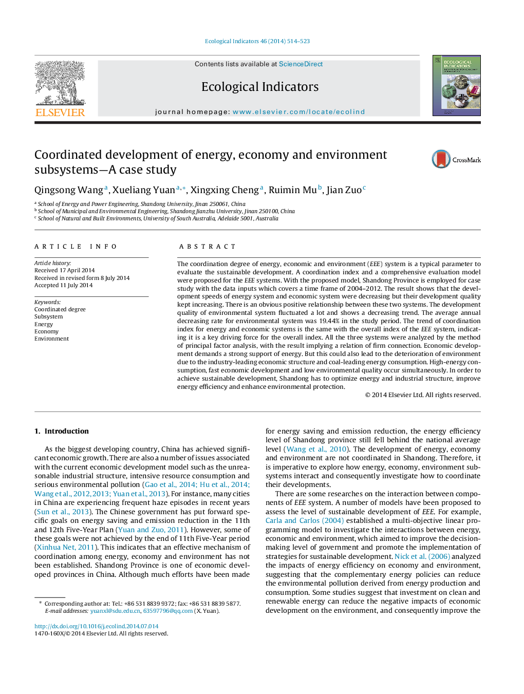 Coordinated development of energy, economy and environment subsystems-A case study