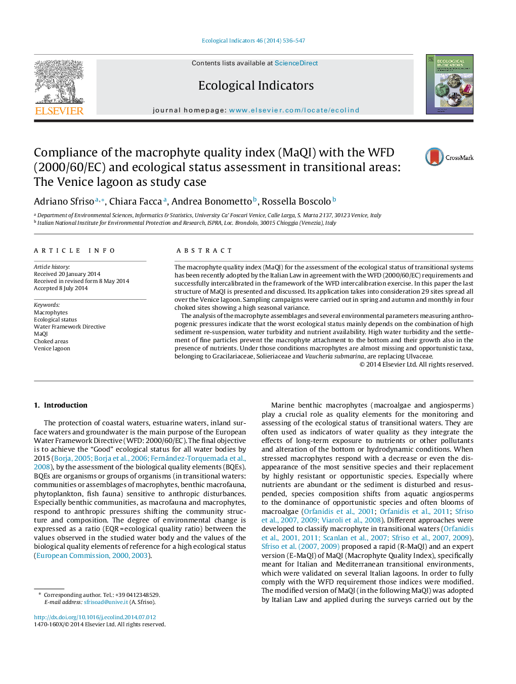 Compliance of the macrophyte quality index (MaQI) with the WFD (2000/60/EC) and ecological status assessment in transitional areas: The Venice lagoon as study case