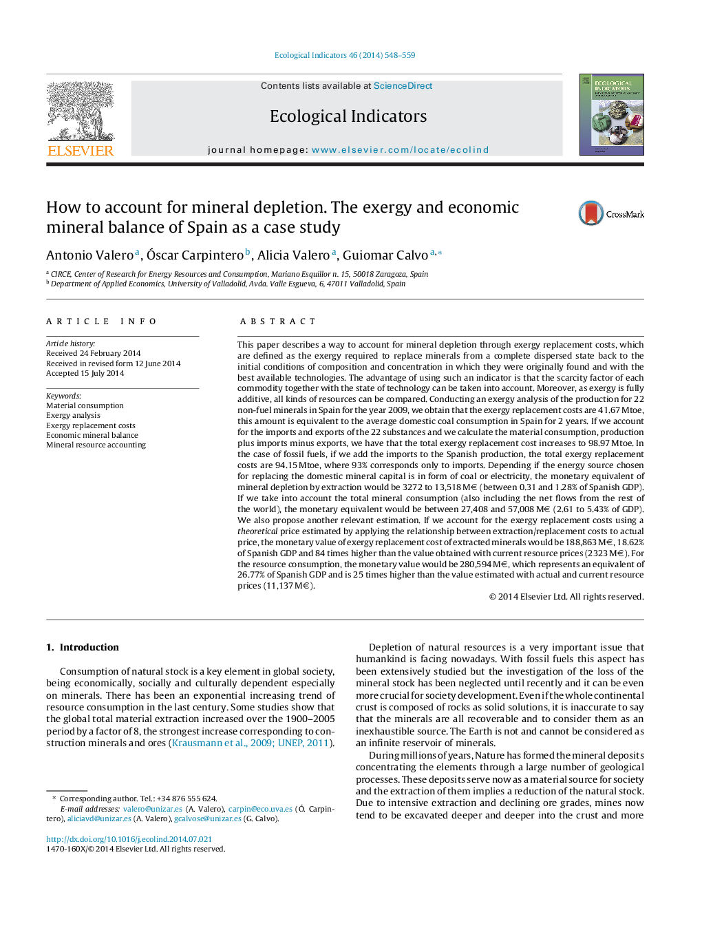 How to account for mineral depletion. The exergy and economic mineral balance of Spain as a case study