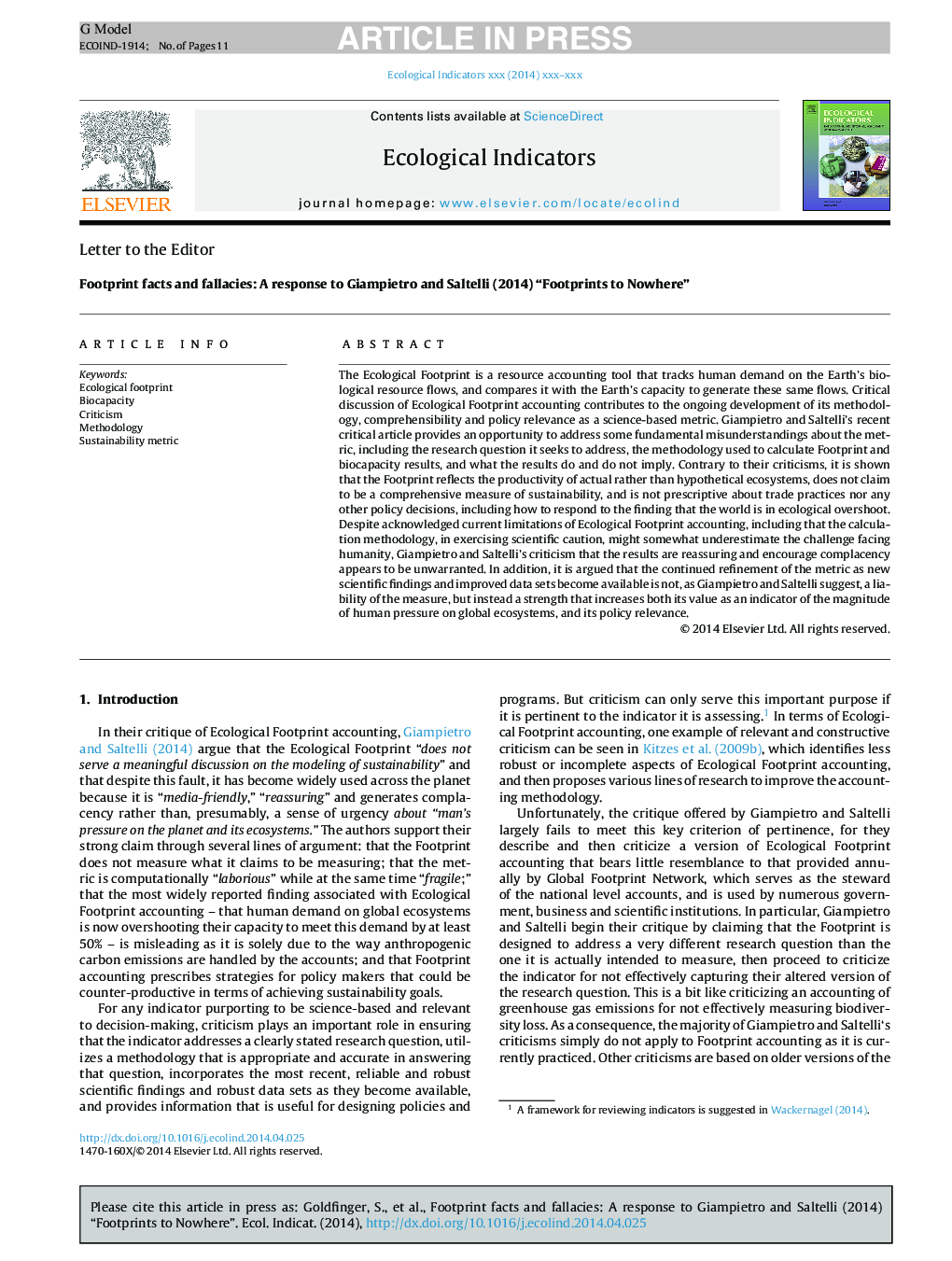 Footprint facts and fallacies: A response to Giampietro and Saltelli (2014) “Footprints to Nowhere”