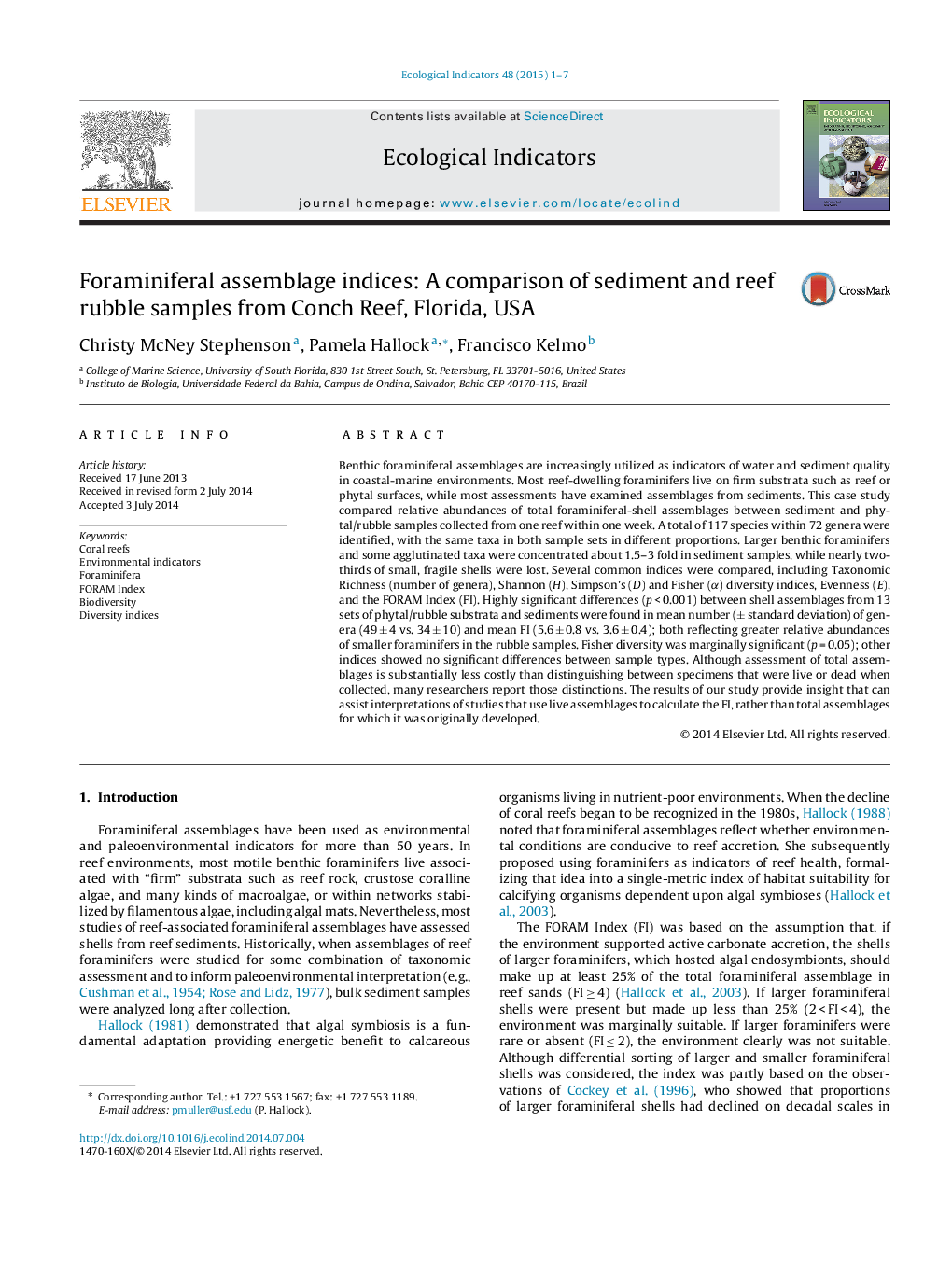 Foraminiferal assemblage indices: A comparison of sediment and reef rubble samples from Conch Reef, Florida, USA