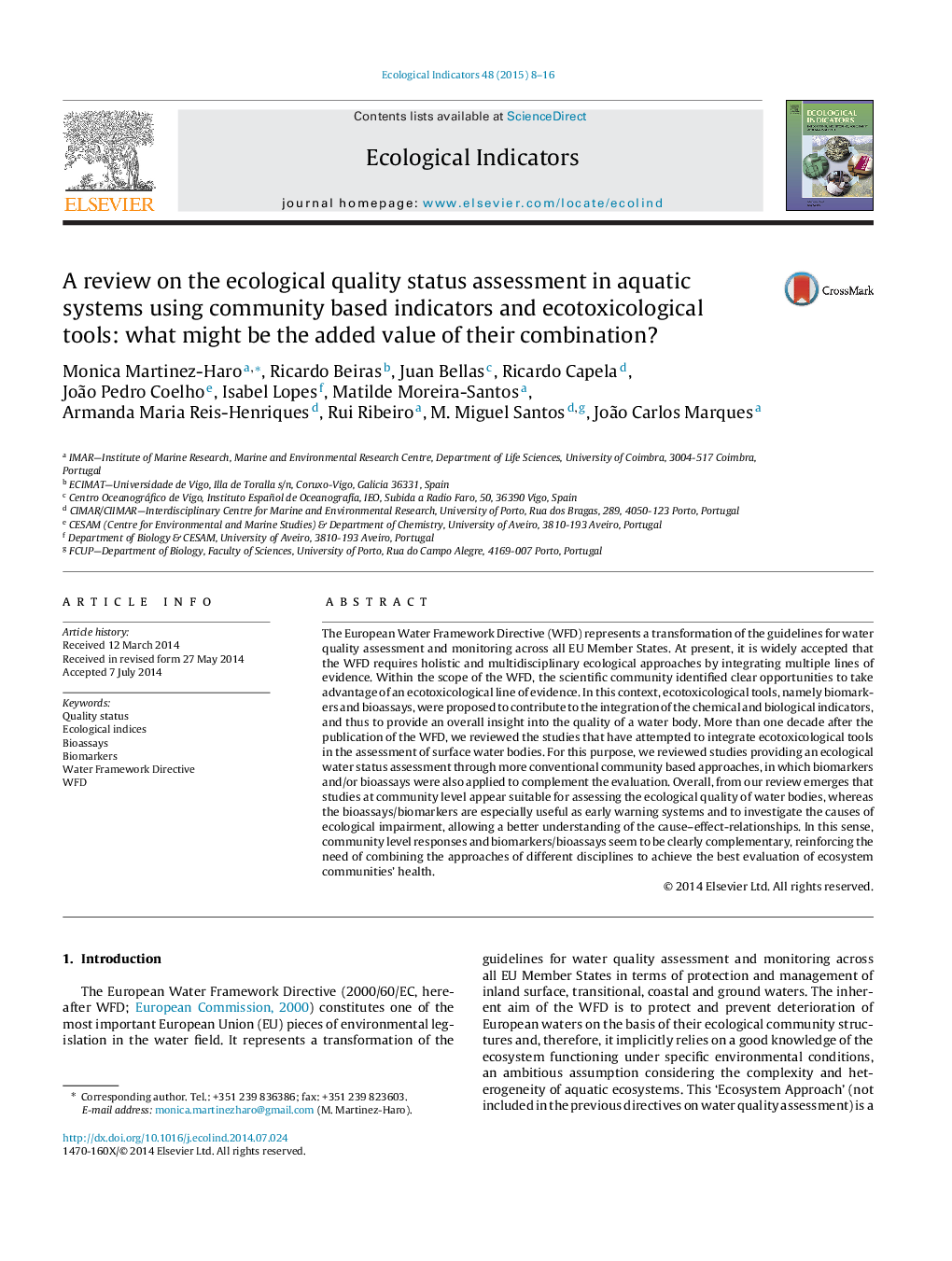 A review on the ecological quality status assessment in aquatic systems using community based indicators and ecotoxicological tools: what might be the added value of their combination?