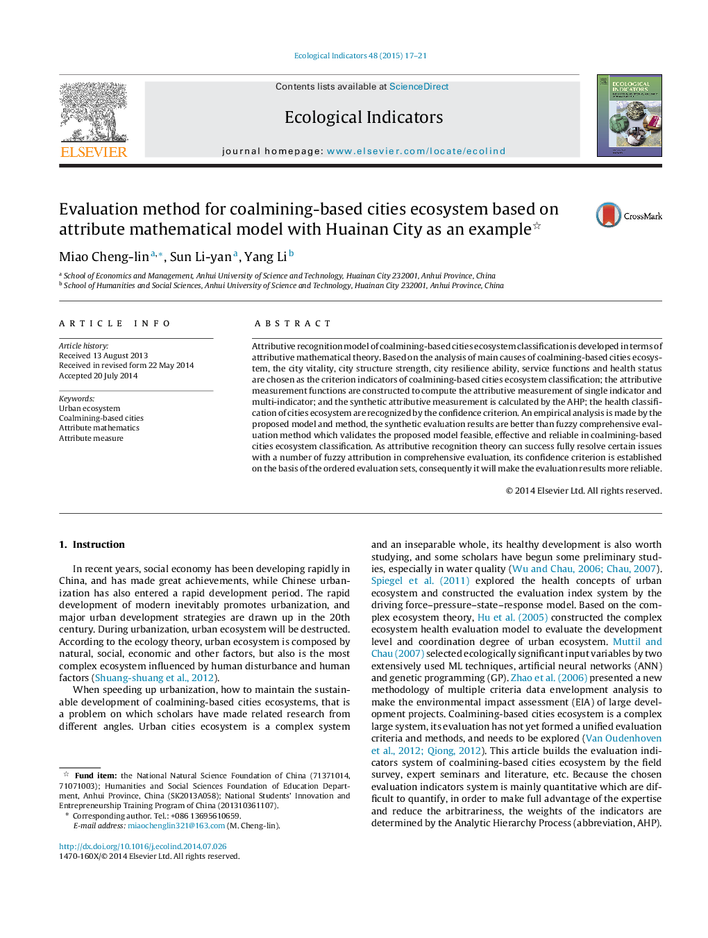 Evaluation method for coalmining-based cities ecosystem based on attribute mathematical model with Huainan City as an example