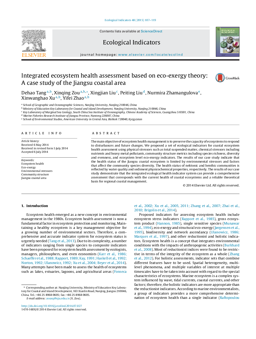 Integrated ecosystem health assessment based on eco-exergy theory: A case study of the Jiangsu coastal area