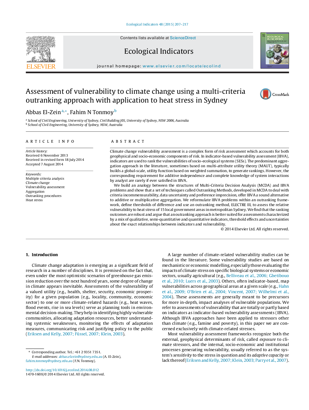 Assessment of vulnerability to climate change using a multi-criteria outranking approach with application to heat stress in Sydney