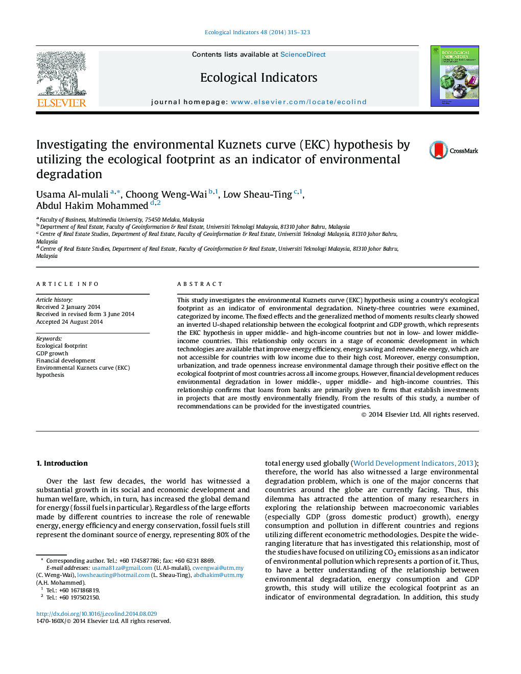 Investigating the environmental Kuznets curve (EKC) hypothesis by utilizing the ecological footprint as an indicator of environmental degradation