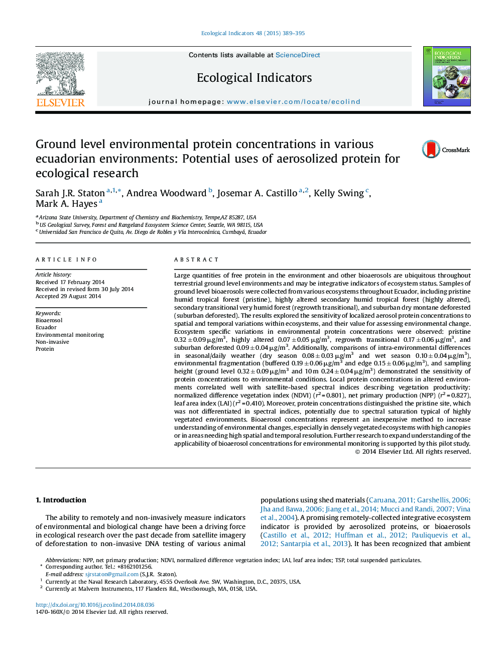 Ground level environmental protein concentrations in various ecuadorian environments: Potential uses of aerosolized protein for ecological research