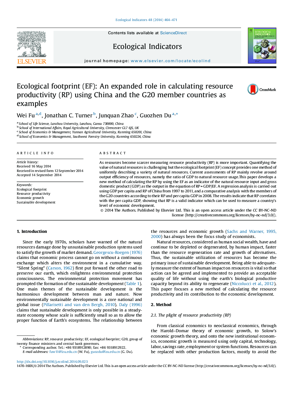 Ecological footprint (EF): An expanded role in calculating resource productivity (RP) using China and the G20 member countries as examples
