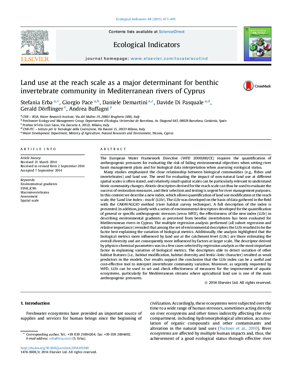 Land use at the reach scale as a major determinant for benthic invertebrate community in Mediterranean rivers of Cyprus