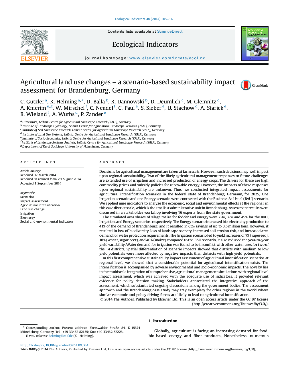 Agricultural land use changes - a scenario-based sustainability impact assessment for Brandenburg, Germany