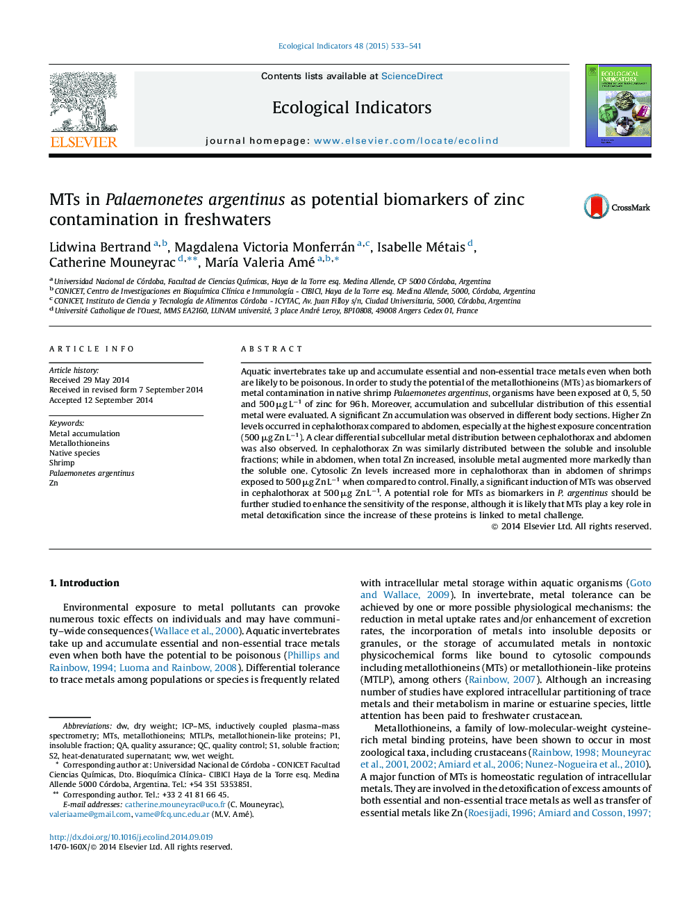 MTs in Palaemonetes argentinus as potential biomarkers of zinc contamination in freshwaters