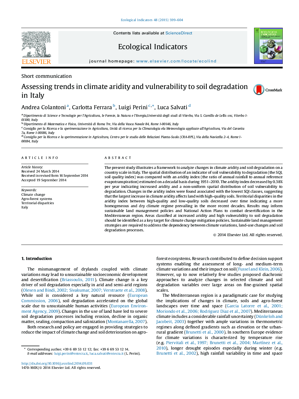 Assessing trends in climate aridity and vulnerability to soil degradation in Italy