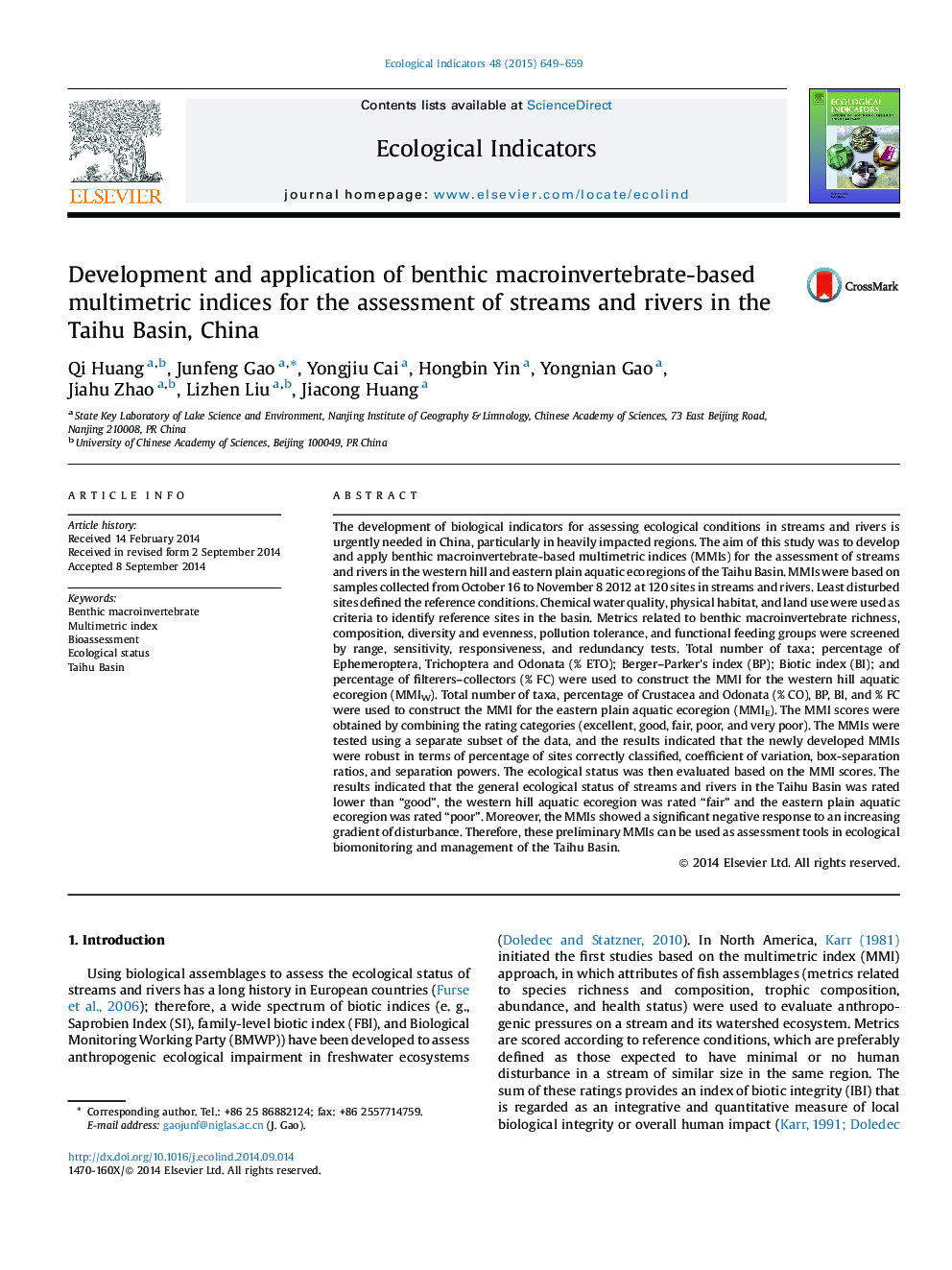 Development and application of benthic macroinvertebrate-based multimetric indices for the assessment of streams and rivers in the Taihu Basin, China