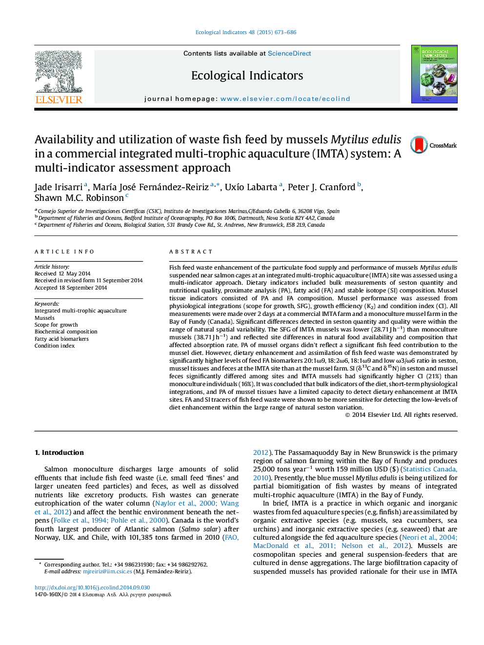 Availability and utilization of waste fish feed by mussels Mytilus edulis in a commercial integrated multi-trophic aquaculture (IMTA) system: A multi-indicator assessment approach