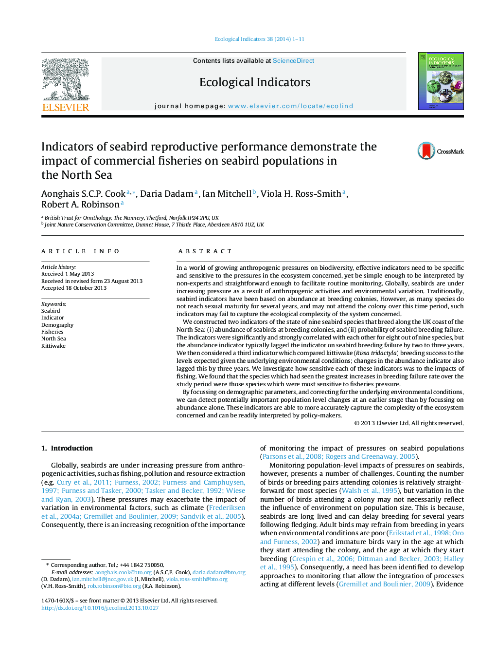 Indicators of seabird reproductive performance demonstrate the impact of commercial fisheries on seabird populations in the North Sea